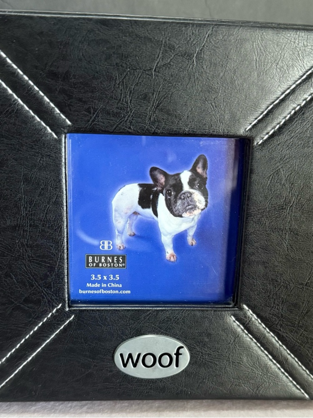Burnes Of Boston Black Leather Photo Frame With a 'Woof' Medallion Dog